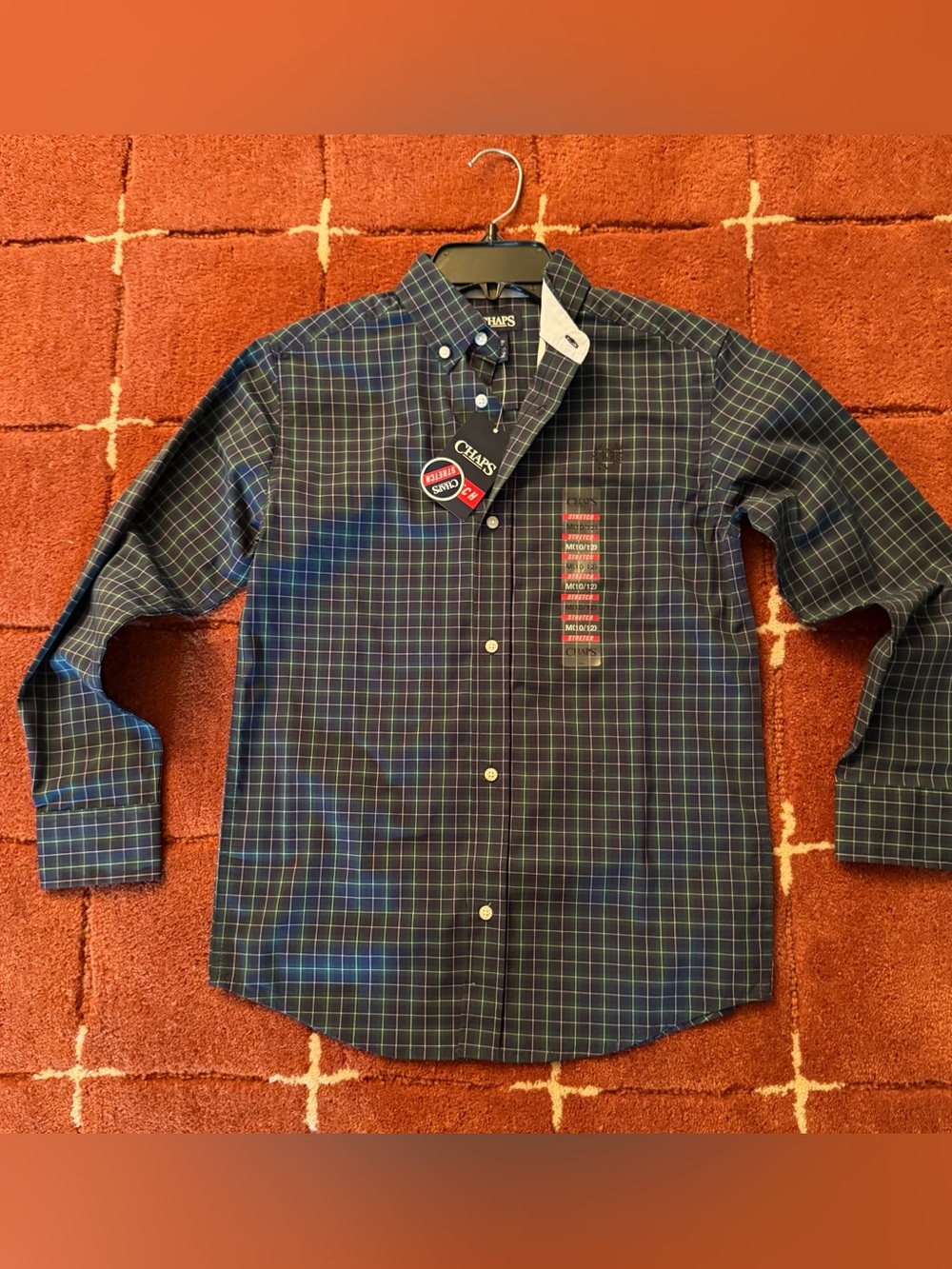 Chaps Boy’s Navy and Green Plaid Button-Down Shirt